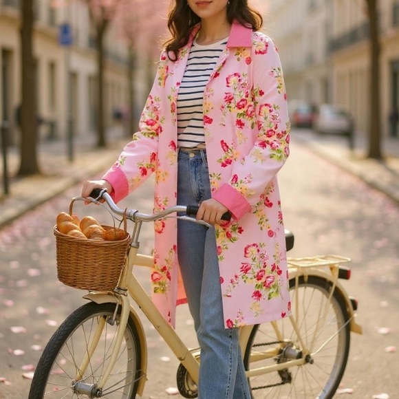 VTG Crazy Horse Liz Claiborne Pink Reversable Floral trench coat COTTAGECORE M - Picture 2 of 16